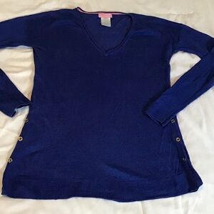 V-Neck Blue Sweater with Button Accents